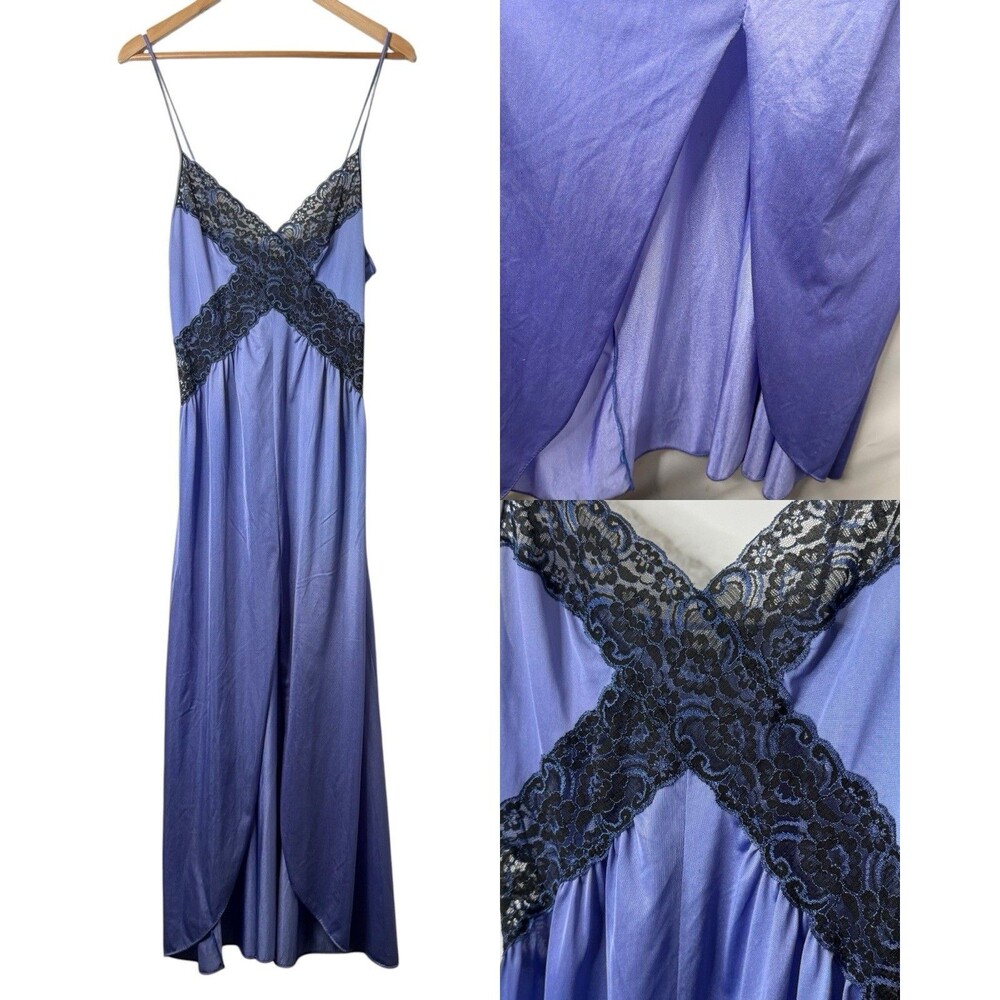 VTG 90s Sears Purple Satin Lace Slip Dress M Maxi Gown USA Vampy Fairycore Y2K